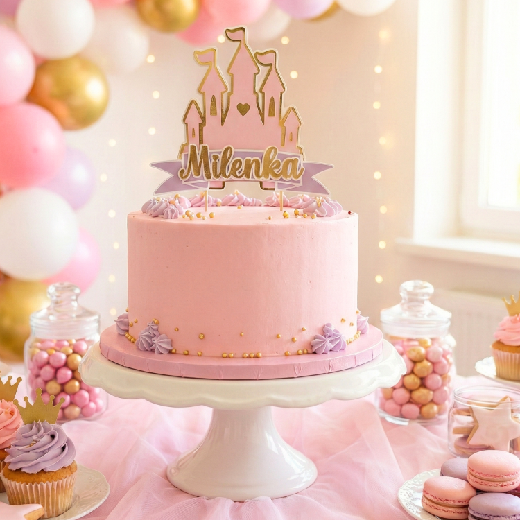 Różowy topper na tort w kształcie zamku z trzema wieżami, złotymi detalami i fioletową wstęgą z imieniem, personalizowany – dekoracja na urodziny dla dziewczynki.