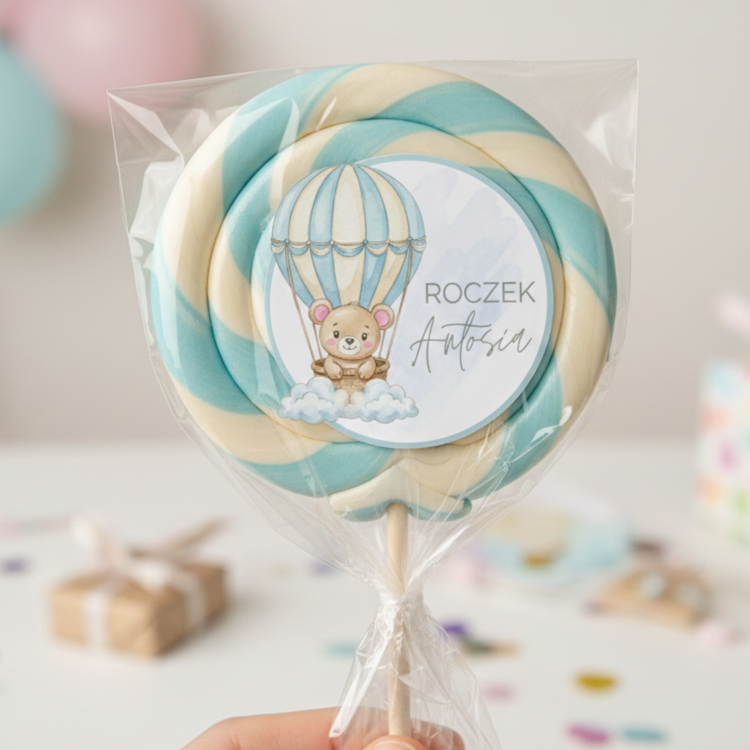 Personalizowane Naklejki 5cm - Miś w Balonie Niebieski (Zestaw 12 szt.) - Roczek / Chrzest/Urodziny