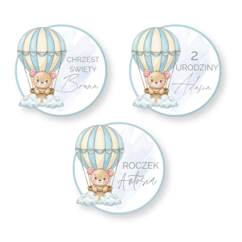 Personalizowane Naklejki 5cm - Miś w Balonie Niebieski (Zestaw 12 szt.) - Roczek / Chrzest/Urodziny