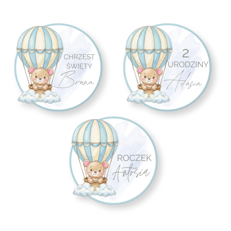 Personalizowane Naklejki 5cm - Miś w Balonie Niebieski (Zestaw 12 szt.) - Roczek / Chrzest/Urodziny