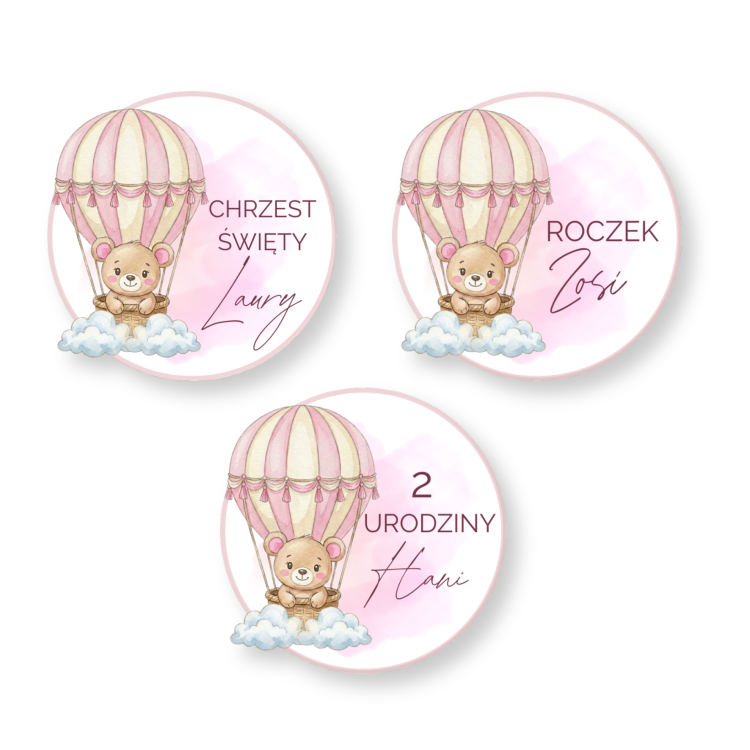 Personalizowane Naklejki 5cm - Miś w Balonie Różowy (Zestaw 12 szt.) - Roczek / Chrzest/Urodziny