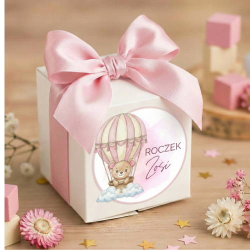 Personalizowane Naklejki 5cm - Miś w Balonie Różowy (Zestaw 12 szt.) - Roczek / Chrzest/Urodziny