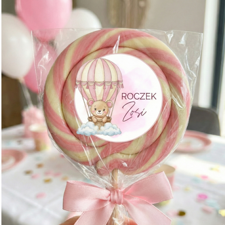 Personalizowane Naklejki 5cm - Miś w Balonie Różowy (Zestaw 12 szt.) - Roczek / Chrzest/Urodziny