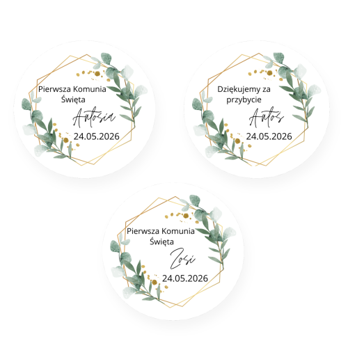 Zestaw 12 szt. personalizowanych, okrągłych naklejek komunijnych (średnica 5 cm). Modny motyw liści eukaliptusa z geometryczną ramką w odcieniach matowego złota. Idealne na pudełeczka z ciastem, słoiczki czy krówki. Podaj własny tekst, imię i datę!