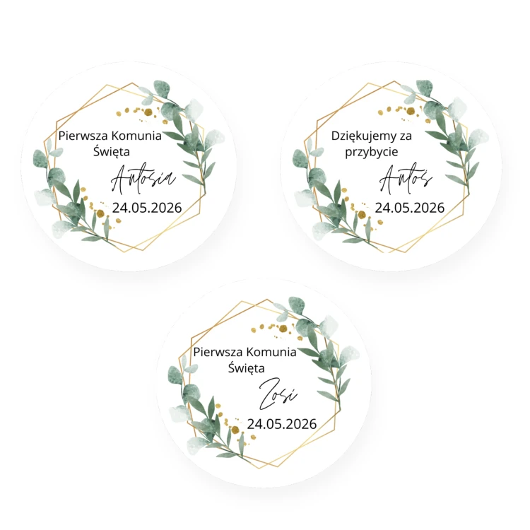 Zestaw 12 szt. personalizowanych, okrągłych naklejek komunijnych (średnica 5 cm). Modny motyw liści eukaliptusa z geometryczną ramką w odcieniach matowego złota. Idealne na pudełeczka z ciastem, słoiczki czy krówki. Podaj własny tekst, imię i datę!