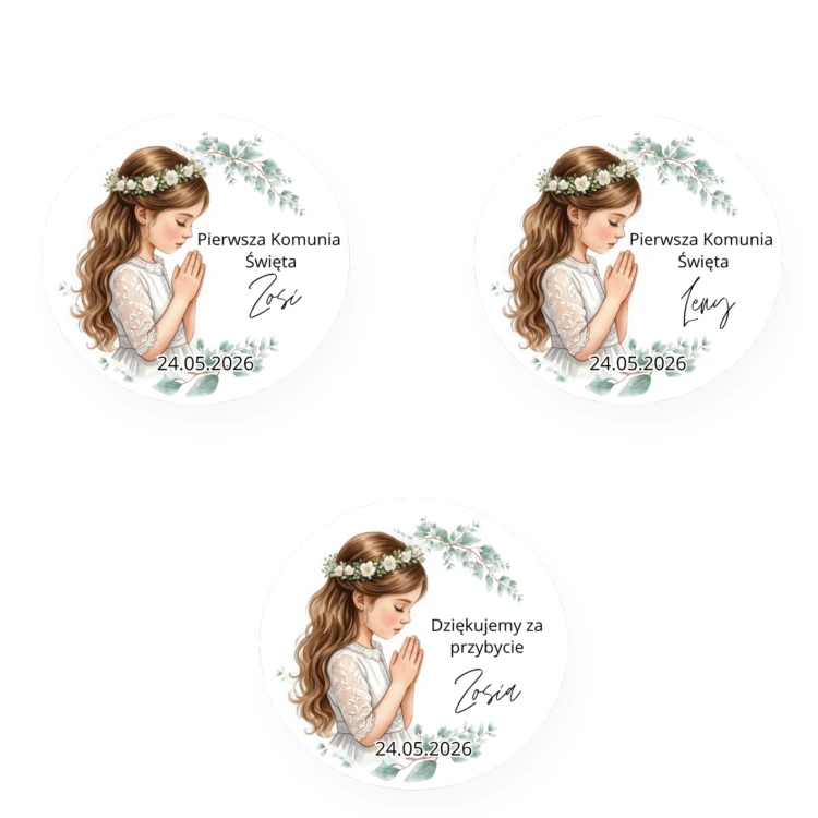 Zestaw 12 szt. personalizowanych, okrągłych naklejek komunijnych (średnica ok. 5 cm). Przepiękny, akwarelowy motyw modlącej się dziewczynki w wianku, otoczonej gałązkami eukaliptusa. Idealne na pudełeczka z ciastem, słoiczki czy krówki.